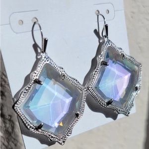 Rare Kendra Scott CLEAR IRIDESCENT Faceted Kirsten Drop Earrings In Silver
